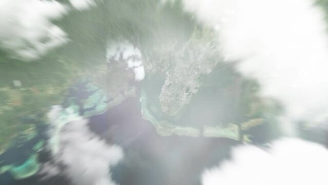Earth zoom in from space to Suva, Fiji. Followed by zoom out through clouds and atmosphere into space. Satellite view. Travel intro. Images from NASA