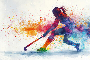 Field Hockey player in action, woman colourful watercolour with copy space