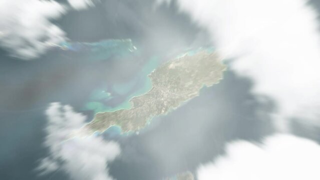 Earth zoom in from space to The Valley, Anguilla. Followed by zoom out through clouds and atmosphere into space. Satellite view. Travel intro. Images from NASA