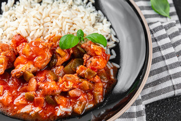 meat with rice chicken Basque tomato sauce tasty fresh eating cooking appetizer meal food snack on the table copy space food background rustic top view