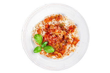 meat with rice chicken Basque tomato sauce tasty fresh eating cooking appetizer meal food snack on the table copy space food background rustic top view
