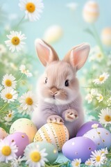 cute fluffy bunny with easter colorful eggs and flowers, easter concept, pastel colors