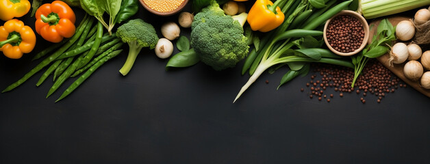 Wide view from above banner image of Vegetarian Day food banner with different types of vegetables and fruit items in a manner on black color wooden table mockup - obrazy, fototapety, plakaty
