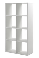 white wooden cabinet, shelving with square shelves, isolated on a white background