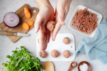 Female hands making meat balls from minced plant-based meat.