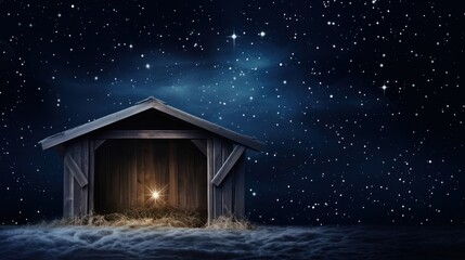 Christian Christmas concept. Birth of Jesus Christ. Wooden manger in cave background. Copy space. Nativity scene symbol. Jesus is reason for season. Salvation, Messiah, Emmanuel, God with us,