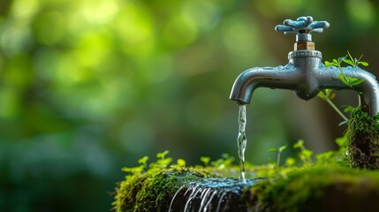 Iron tap with water pouring down in the forest. Concept for save water day, banner with copy space