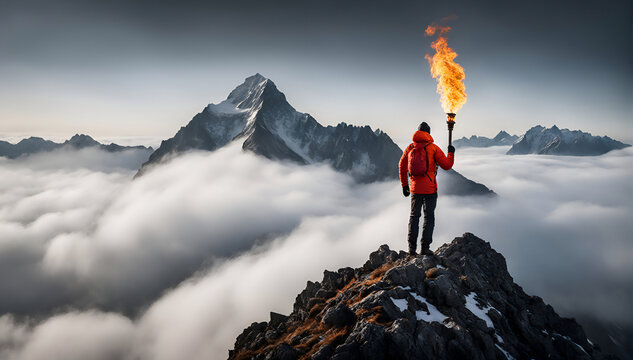 A mountain peak above the clouds. A man is holding a burning torch. - Generative AI