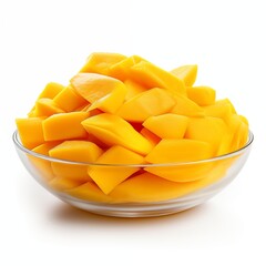 Mango slices in a bowl on a white background. Selective focus.
