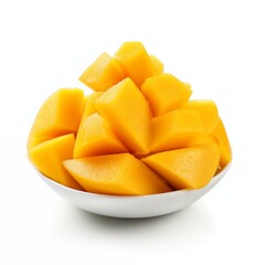 Mango slices in a bowl on a white background. Selective focus.