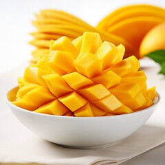 Mango slices in a bowl on a white background. Selective focus.