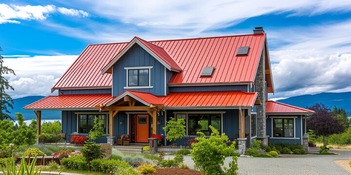 Designer farm home built in Vancouver Canada with custom exterior design and colorful red metal roofing. Cloudy summer sky background 