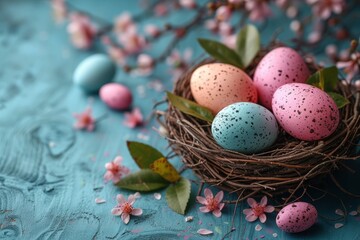 Obraz premium A vibrant aerie adorned with pastel easter eggs and blooming flowers, creating a whimsical scene of springtime joy and new beginnings