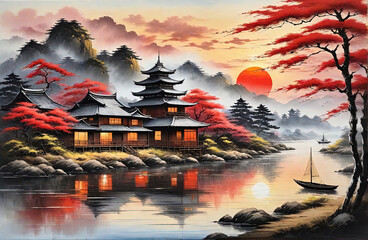Japanese houses and cherry trees - watercolor painting