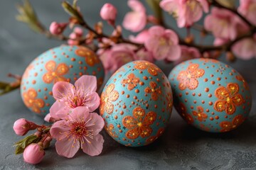 Fototapeta premium A vibrant display of easter joy, as a cluster of painted eggs adorns a bed of delicate pink flowers