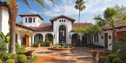 Fototapeta premium Home architecture design in Mediterranean Style with Courtyard constructed by Stucco and tile material. Andalusian charm
