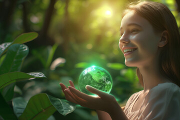 Happy girl holding abstract world hologram on blurry nature background, Renewable energy. Earth day. Save world. Ecology and environment concept. Global warming