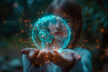 Close up of girl hand holding abstract blue world hologram on blurry nature background, Renewable energy. Earth day. Save world. Ecology and environment concept. Global warming