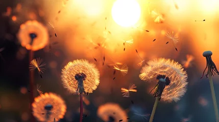 Fotobehang A whimsical backdrop of floating dandelion seeds against a sunset sky.  © Dannchez
