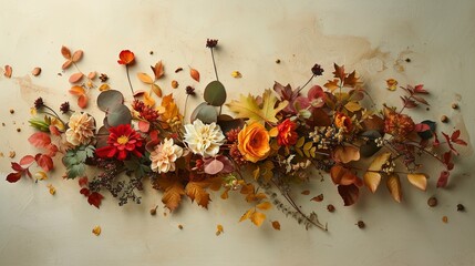 An artful composition of autumn leaves and late-blooming flowers arranged on one side of the frame. 