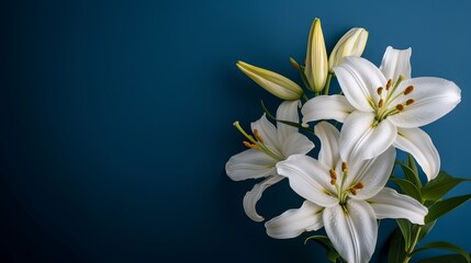 Fototapeta na wymiar An elegant composition of white lilies against a deep blue backdrop, positioned on the right. 