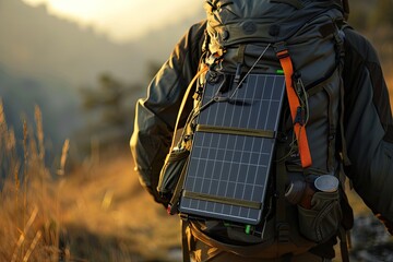 A close-up of solar panels on a backpack, demonstrating portable solar solutions for outdoor enthusiasts - obrazy, fototapety, plakaty