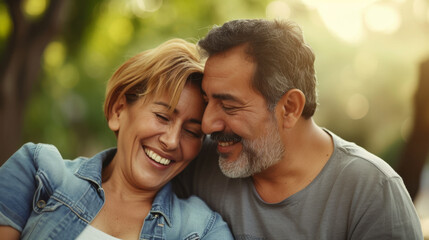 Fototapeta premium middle-aged couple is sharing a close, joyful moment, laughing and affectionately resting their heads together outdoors with a blurred green background.