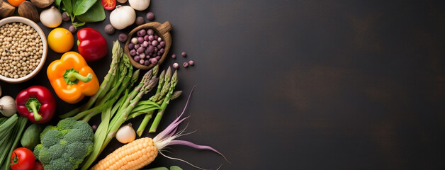 Wide view from above banner image of Vegetarian Day food banner with different types of vegetables and fruit items in a manner on black color wooden table mockup