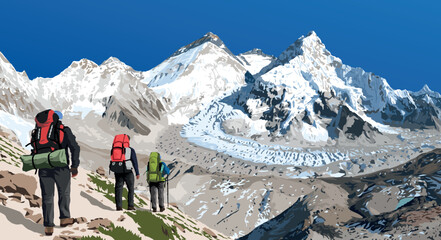 mount Everest Lhotse and Nuptse from Nepal side as seen from Pumori base camp with three hikers, vector illustration, Mt Everest 8,848 m, Khumbu valley, Nepal Himalayas mountains - obrazy, fototapety, plakaty