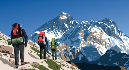 mount Everest and Lhotse as seen from gokyo valley with three hikers, vector illustration, Mt Everest 8,848 m, Khumbu valley, Nepal Himalayas mountains - obrazy, fototapety, plakaty