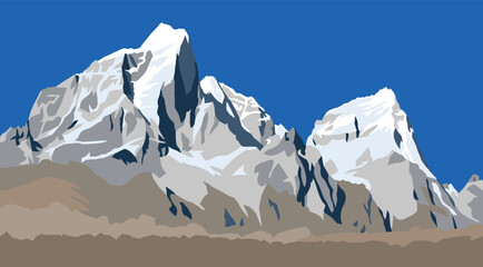 Illustration of mounts Cholatse and Tabuche peak as seen from the way to Mount Everest base camp, Nepal Himalayas mountains vectors illustration - obrazy, fototapety, plakaty