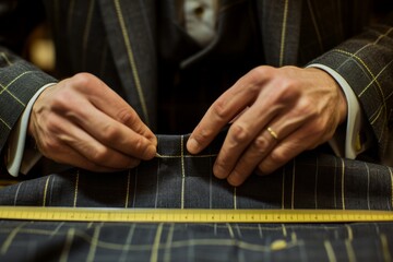 Obraz na płótnie Canvas A male tailor in a bespoke suit shop, measuring fabrics and crafting custom attire, showcasing artisanal skill and attention to detail.