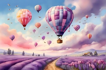 Fototapeta premium A colorful watercolor illustration of a lavender field with hot air balloons flying above it