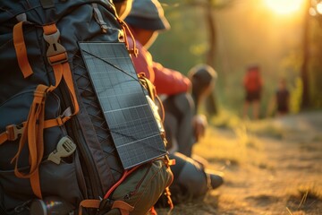 A close-up of solar panels on a backpack, demonstrating portable solar solutions for outdoor enthusiasts - obrazy, fototapety, plakaty