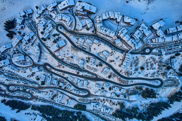 Breathtaking beautiful panoramic aerial view on Snow Alps - winter mountain peaks around French Alps mountains, The Three Valleys: Courchevel, Val Thorens, Meribel (Les Trois Vallees), France