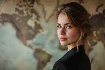 A thought-provoking portrait of a businesswoman with a world map in the background, planning global expansion strategies, symbolizing ambition and global reach.