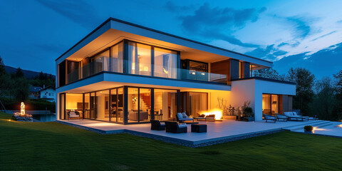 Panoramic photo of modern house with outdoor and indoor lighting, at night