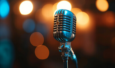 Old retro microphone on abstract music bokeh background symbolizing melody.