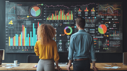 Strategic marketing plan displayed on office wall with vibrant symbols, guiding the team towards goals. Icons convey key strategies for unified success.
