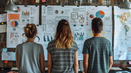 Strategic marketing plan displayed on office wall with vibrant symbols, guiding the team towards goals. Icons convey key strategies for unified success.