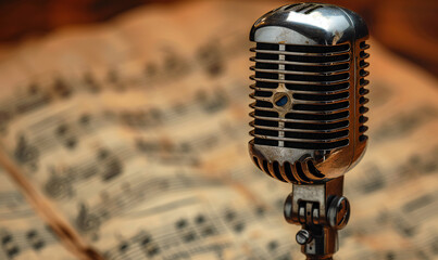 Old retro microphone on abstract music background with notes and icons symbolizing melody.