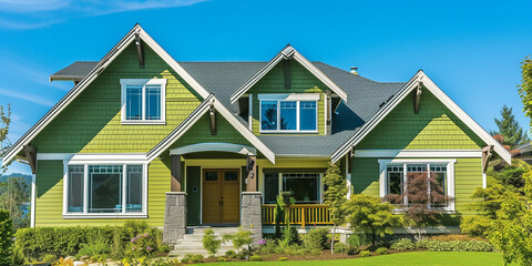 Residential home exterior showing roof peaks and board and batten siding painted in a bright green shade