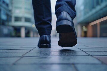 Close-up of a business man's feet walking in a dynamic urban environment, focusing on the motion and business casual shoes, symbolizing progress and determination.