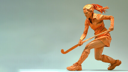 Fototapeta premium Hockey woman athlete exercise, origami art with copy space