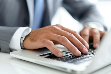 Close-up of a businessman's hands typing on a laptop keyboard, with focus on the hands and the keyboard, symbolizing hard work and connectivity.