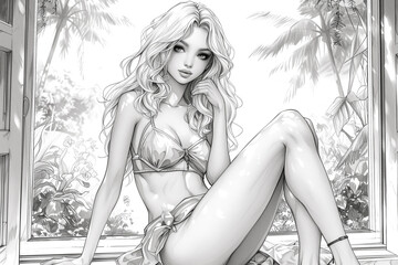 A beautiful princess in sexy lingerie poses against the backdrop of a summer garden. Pages for a coloring book. Anti-stress therapy.