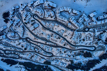 Breathtaking beautiful panoramic aerial view on Snow Alps - winter mountain peaks around French Alps mountains, The Three Valleys: Courchevel, Val Thorens, Meribel (Les Trois Vallees), France