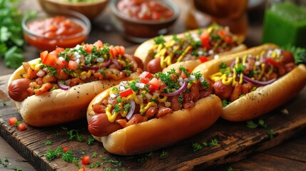 Hot dogs with a sausage on a fresh rolls garnished with mustard and ketchup - obrazy, fototapety, plakaty