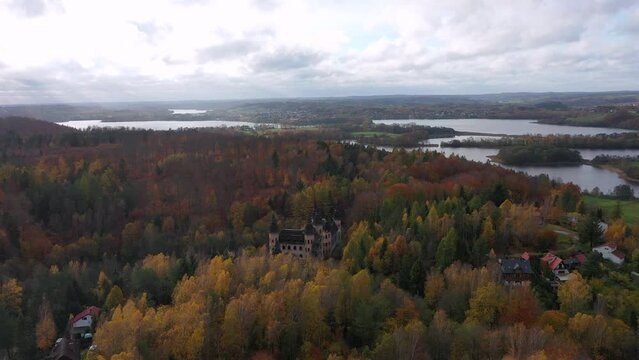 Castle in Lapalice, surrounded by Kashubian forests and lakes at autumn, Poland