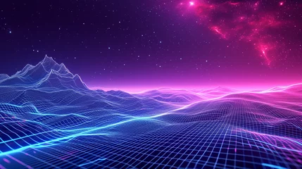 Foto op Canvas Retro futuristic 80's synthwave landscape background. wireframe grid canyon mountain. vaporwave low poly neon light.  © Luciana Studio